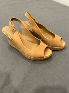 Tan Suede Peep-Toe Espadrille Wedge Slingback